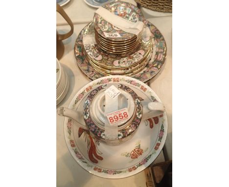 Mixed lot of Chinese pottery to include serving dish, teapot and several plates. This lot is not available for in-house P&P.C