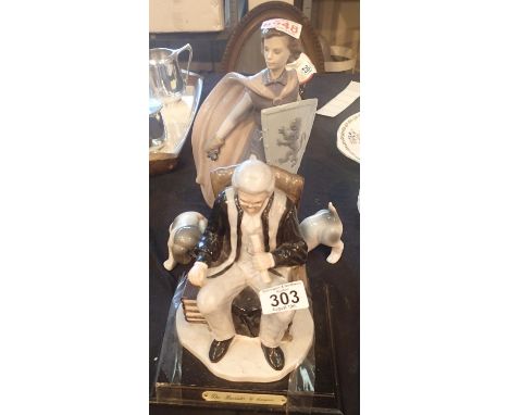 Large Nao female knight figurine (lacking sword), two ceramic puppies and The Barrister by Leonardo. This lot is not availabl