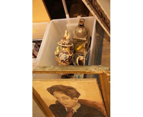 Box of mixed items including ceramic cat, dog etc. This lot is not available for in-house P&amp;P. 