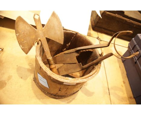 Metal banded bucket containing sheep shears and a two bladed small axe. This lot is not available for in-house P&amp;P. 