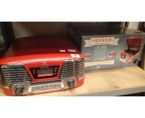 Red GPO Memphis Retro Music Centre ? 3 speed turntable: 33/45/78; MP3/USB player; FM radio with remote control. P&amp;P Group