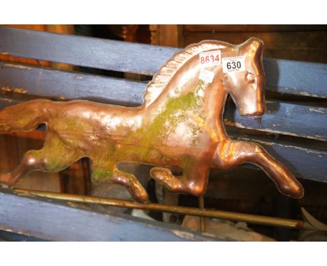 Large blown copper horse wind vane, L: 90 cm. This lot is not available for in-house P&amp;P. 