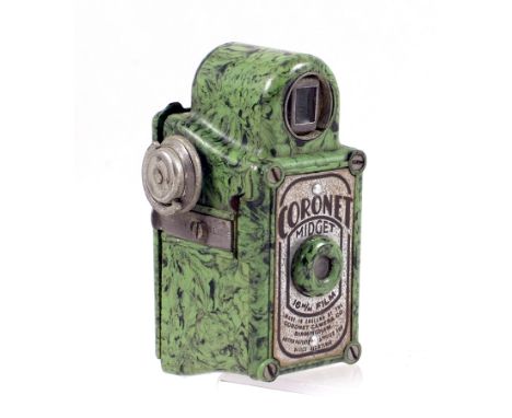 Mottled (Light) Green Coronet Midget Sub-miniature Camera. Rear door slightly warped (condition 6F)