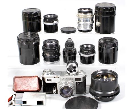 Soviet Lens & Camera Collection. To include 2x Jupiter-12 35mm f2.8 & keeper; Jupiter-9 8.5cm f2.8; Jupiter-8 85mm f2 & keepe