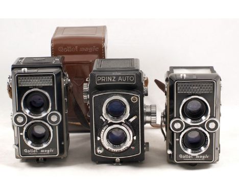 2 Rollei Magic Cameras & a Prinz Auto TLR. Rollei Magic with Xenar 75mm f3.5 (shutter not firing hence condition 5G); Rollei 