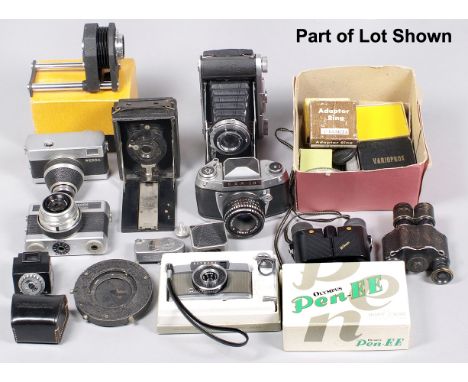 Box of Vintage Cameras & Binoculars & A Sound Cine Projector. To include Olympus Pen-EE in makers box, Norris Norimat Special