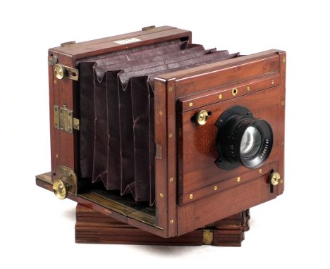 Wratten & Wainwright Wood & Brass 1/2 Plate Tailboard Camera. (condition 5F) with a later 5" f4 lens with Air Ministry markin