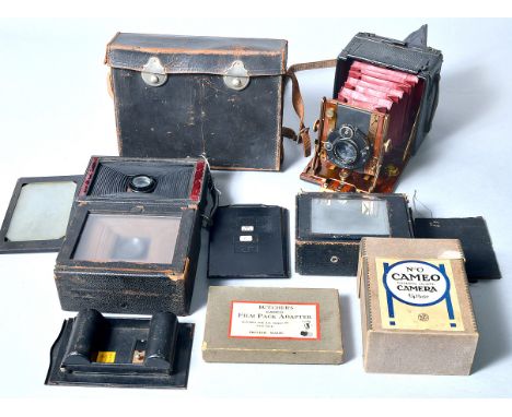 Quantity of Plate Cameras, Including Sanderson Type with Red Bellows. Also a Cameo No.0 1/4 plate camera in original box with