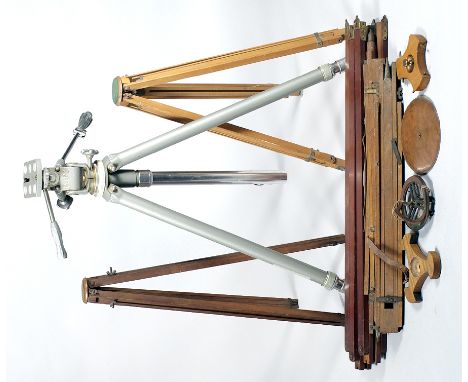 5 Early, Wooden Camera Tripods & a Gitzo No. 3 Tripod. Heavy-duty with a Pan & Tilt head..