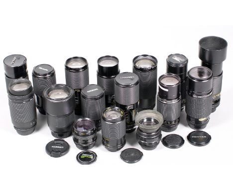 16 Various Camera Lenses. To include Tamron, Photax, Miranda, SMC Pentax-A zoom and a Russian lens.