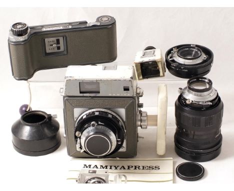 Mamiyapress Camera & 3 Lens Outfit. Comprising an early version Mamiyapress camera (condition 6F) with Mamiya Sekor 90mm f3.5