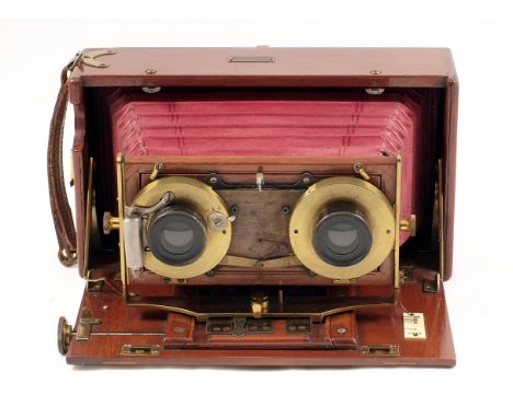J Lizars Challenge Mahogany Stereo Camera. Rare teak & brass 'Tropical' version with maroon bellows (condition 4F). Fitted wi