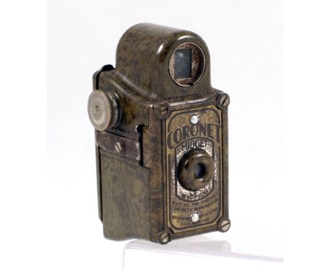 Olive (Dark) Green Coronet Midget Sub-miniature Camera. Rear door loose warped (condition 6F)