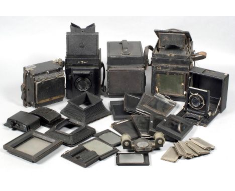 Collection of Folding Plate Cameras, inc Graflex Speed Graphic. (no bellows) Zeiss Ikon with Tessar 13.5 f4.5 lens, well used