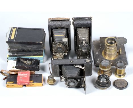 Various Cameras & Brass Lenses etc. To include brass lenses by E Suter (Basel) Landscape Lens #3 with rotary Waterhouse stops