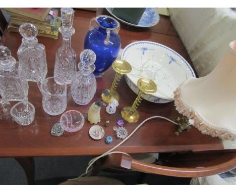 A mixed lot of mainly glassware to include a signed La Murrina blue glass vase, cut glass decanters, a Swarovski hedgehog, al