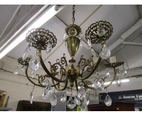 A  French brass six branch ceiling hanging light with crystal drops, rewired 