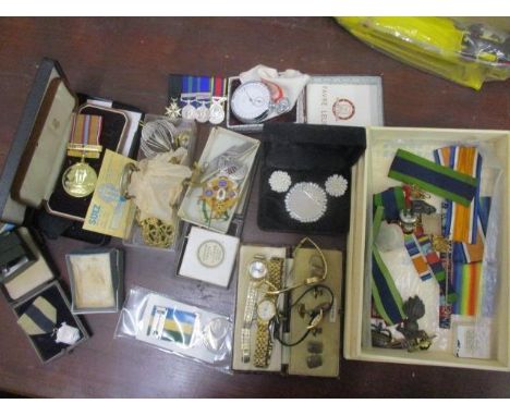 Watches, costume jewellery, St John's Ambulance and other reproduction medals, a silver ring and other items to include milit