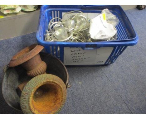 Metalware to include a pair of cast iron planters and a preserve pan and a Scandinavian track ceiling light system 