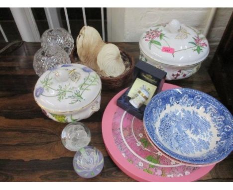 Two Caithness glass paperweights and household ornaments and ceramics to include two Spode Stafford Flowers tureens with lids