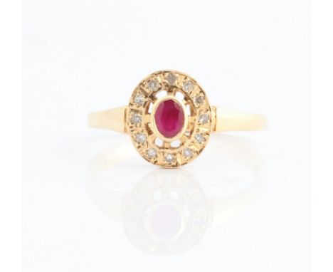 A hallmarked 9ct yellow gold ruby and diamond cluster ring, ring size Q, approx. weight 2g. IMPORTANT: Online viewing and bid