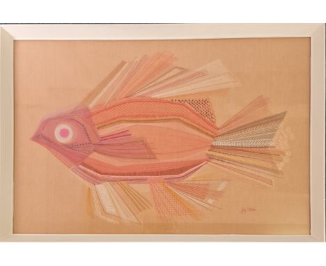 JOY CLUCAS. Framed, signed, mid-century embroidered panel, pink fish, 39cm x 74cm. IMPORTANT: Online viewing and bidding only