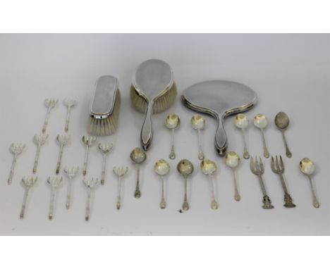 Two boxes of flatware to include 11 tea spoons, stamped 800, two pickle forks of thistle design handles, unmarked metal, and 