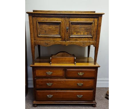 A selection of various furniture to include satinwood chest, two door oak cupboard, oak lift up top table, oak single drawer 