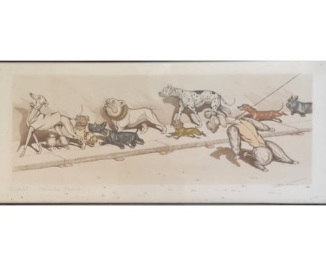 BORIS O’KLEIN. Three framed Dirty Dogs of Paris coloured etching prints, group of dogs walking along street, largest approx. 
