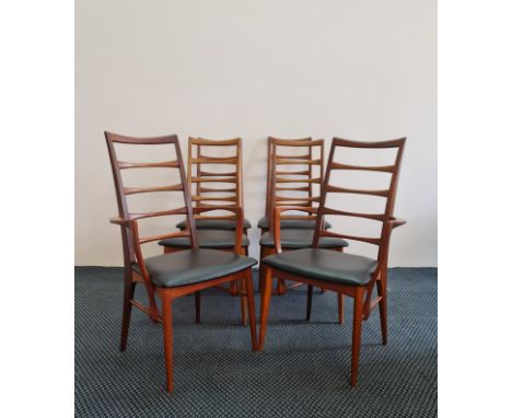 A set of four with two carver (six in total) Niels Koefoed Danish teak ladder back chairs, stamped ‘Danish Control’ ‘Made in 