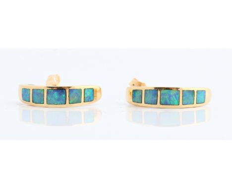 A pair of hallmarked 18ct yellow gold opal panel half hoop earrings, weight approx. 4.5g. IMPORTANT: Online viewing and biddi