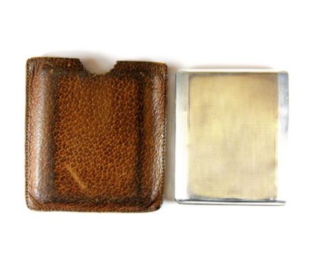 An engine turned hallmarked silver cigarette case with leather case, 7.2 x 8.5cm