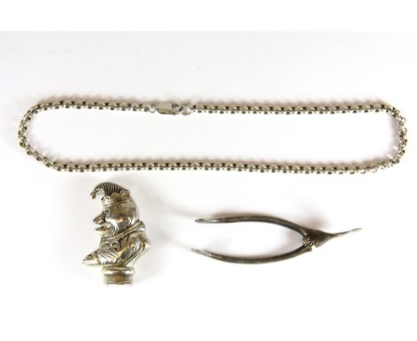 A 925 silver Mr Punch vesta case, silver chain and William Hutton silver wishbone sugar nips