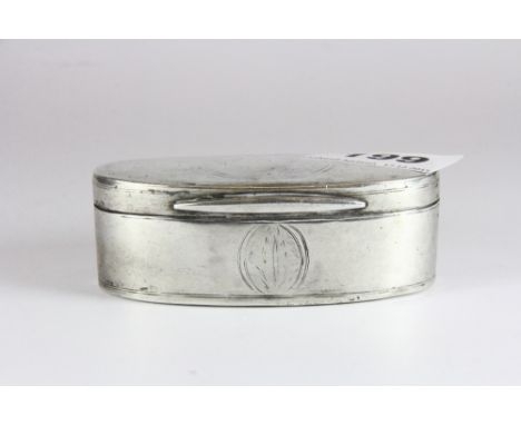 An early 19th century white metal snuff box with presentation engraving for 1837, W.9cm, D.3cm