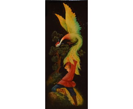 Russian School (20th century), Figure with mythological bird, lacquered oil on panel, indistinctly signed and dated lower lef