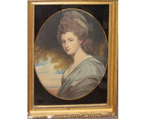 After J Reynolds, Portrait of a lady, antique coloured engraving, 64 x 50cm