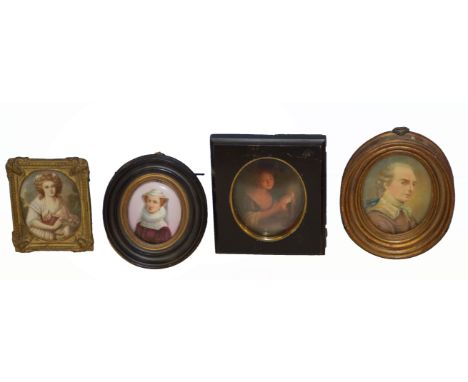 Mixed Lot: to include portrait miniature of a gent, two porcelain plaques and one other, assorted sizes (4)