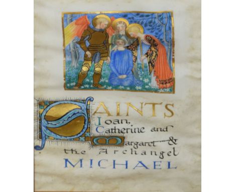 19th century illuminated manuscript leaf, St Joan and others, on vellum, 25 x 17cm