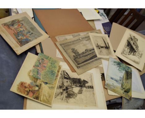 Folder of assorted watercolours and etchings to include works by W R Cooper