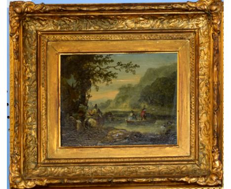 Continental School (18th/19th century), River landscape with figures and horse, oil on panel, 14 x 17cm