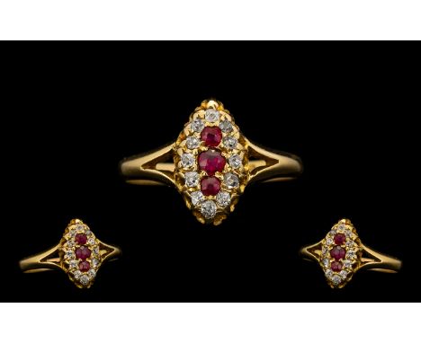 Antique Period 18ct Gold - Nice Quality Ruby &amp; Diamond Set Marquise Shaped Dress Ring of pleasing form.  Hallmark Birming