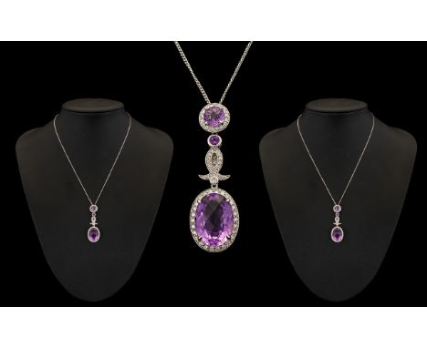 18ct White Gold Superb Amethyst and Diamond Set Pendant Drop Necklace of Impressive Appearance, The Central Faceted Large Ame