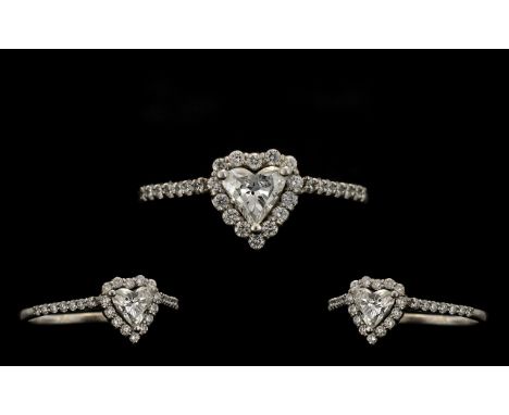 18ct White Gold - Attractive Top Quality Heart Shaped Diamond Set Dress Ring of Attractive Design. The Central Heart Shaped D