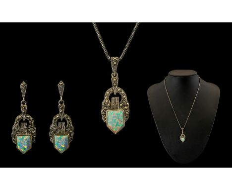 Art Nouveau Period 1880 - 1910 Attractive Silver Fire Opal and Marcasite Set Pendant and Matching Pair of Earrings, Later Cha