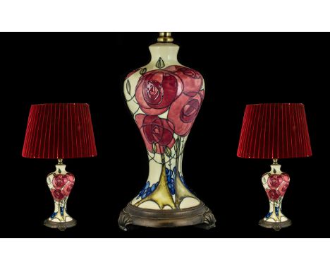 Moorcroft Stunning Design Tubelined Lamp Base and Shade of Pleasing Form. Stylised Floral Design. Designed Nicola Slaney. 12 