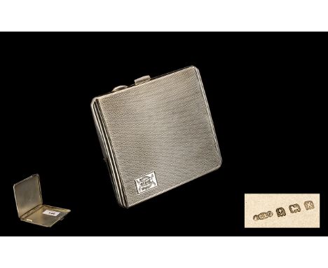 1940's Good Quality Engine Turned Solid Silver Cigarette Case of Rectangular Form. Hallmark Birmingham 1947, Overall Excellen