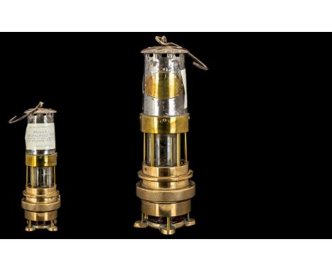Antique Miner's Brass &amp; Glass Oil Lamp by Naylor. Spirally Type M, Lamp No. 60.  Antique miner's lamp by J H Naylor Limit