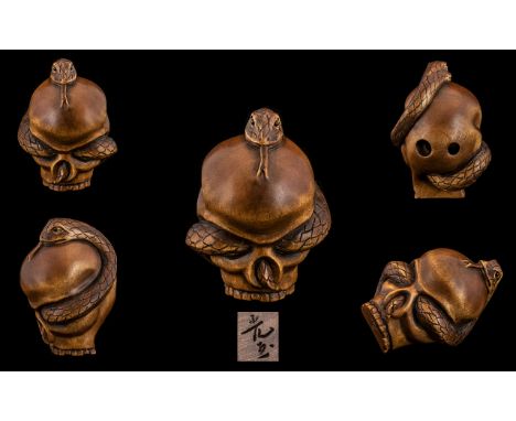 Japanese Superb Quality - Signed Carved Boxwood Netsuke, Early Meiji Period 1864 - 1912 Depicts a Coiled Snake and Skull, Sig