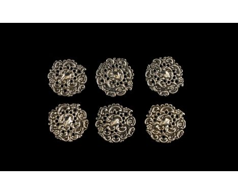 Art Nouveau Period Set of Six Silver Stylised Buttons of Attractive Design. Hallmark Birmingham 1900, maker mark R. W. All bu