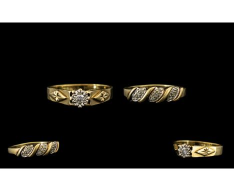 Two 9ct Yellow Gold Diamond Rings both hallmarked Ring size M. One illusion set single stone diamond ring with engraved raise